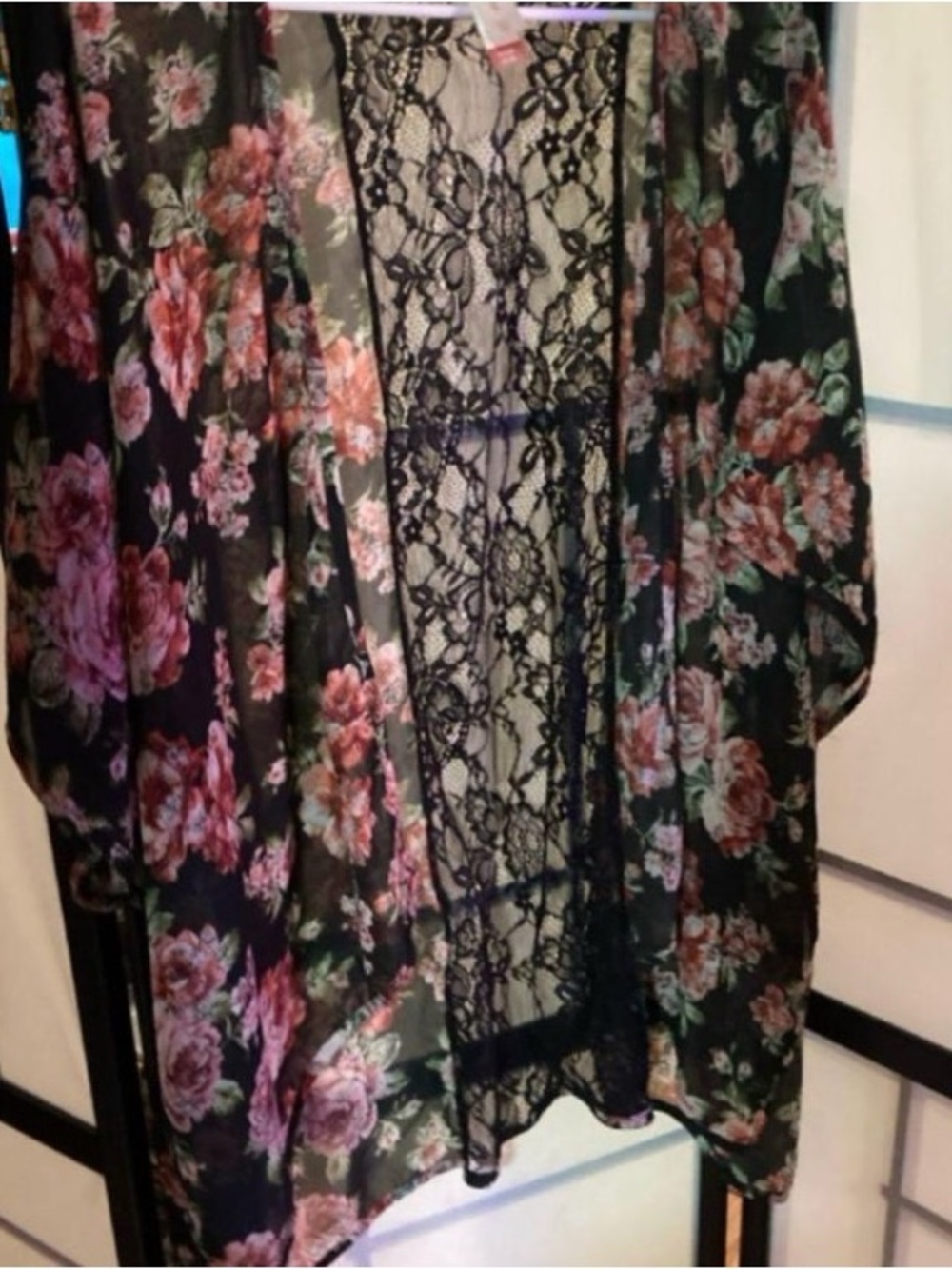 Floral Black Sheer Kimono Blouse - Women's Floral Cover-Up